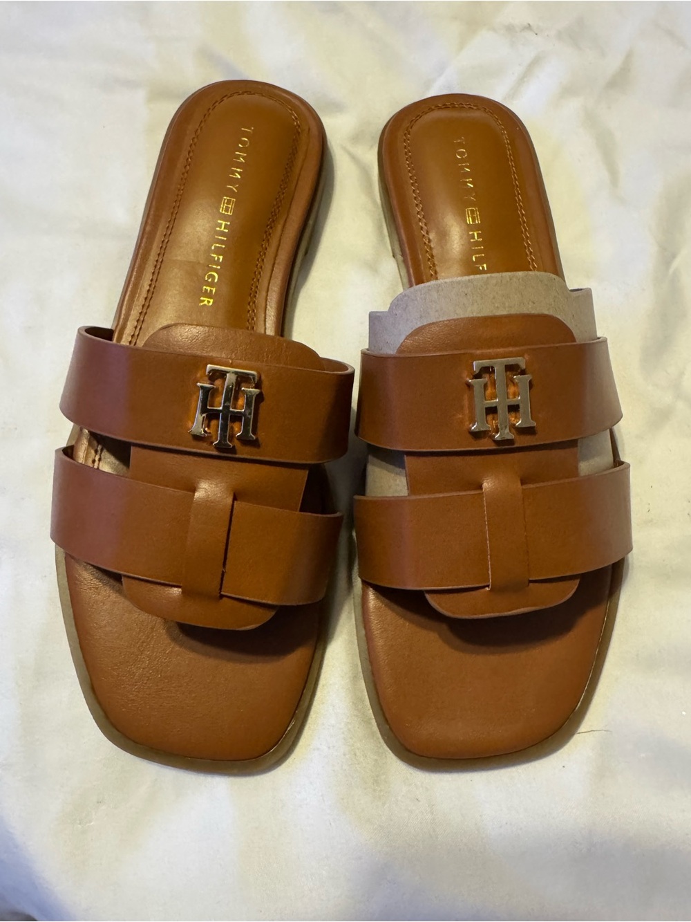 Tommy Hilfiger Tan Leather Double-Strap Slide Mules with Logo